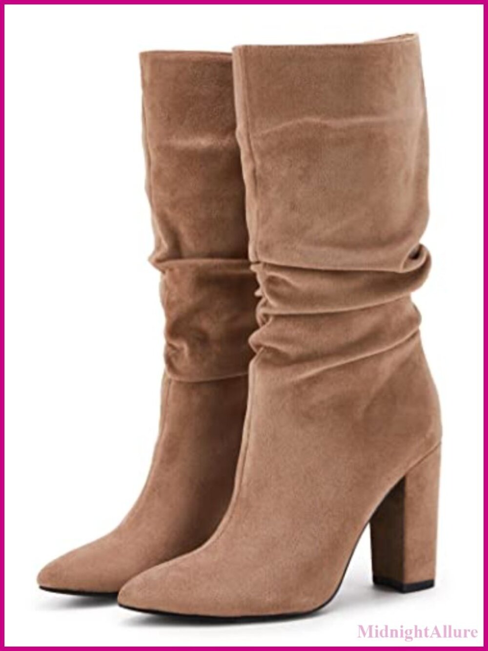 Suede Slouchy Mid Calf Block Heel Pointed Toe Boots